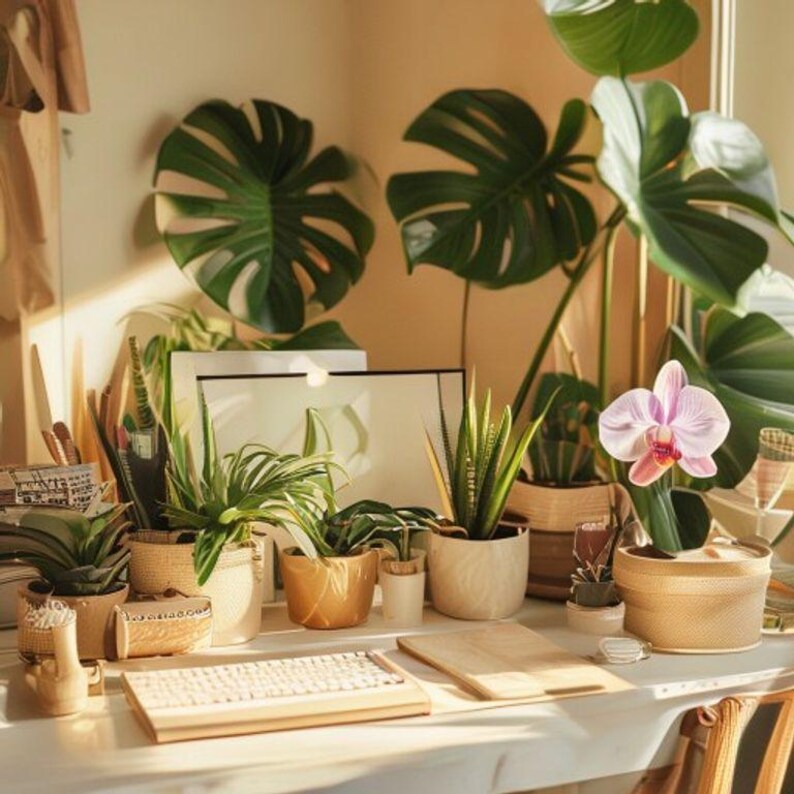 Puede incluir: Una colecci&oacute;n de plantas en macetas, incluyendo una gran Monstera y una orqu&iacute;dea, dispuestas sobre un escritorio. Las plantas est&aacute;n en varias macetas, algunas tejidas, otras de cer&aacute;mica. Tambi&eacute;n se ven un teclado de madera y un cuadro enmarcado.