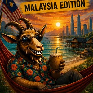 May include: An illustration promoting Malaysia, featuring a goat in sunglasses relaxing in a hammock with a coconut drink. Text reads "Escape the Rat Race Malaysia Edition". Icons highlight lower cost of living, beaches, modern cities, and friendly people.