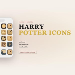 May include: A smartphone screen shows a set of Harry Potter icons in a vintage style. The image includes the text "HARRY POTTER ICONS" and "CABRA BORRACHA". The icons are in square frames with various illustrations.