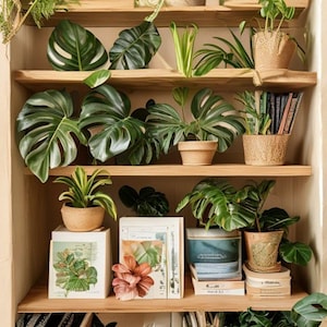 May include: A wooden bookshelf filled with various potted plants, including large-leafed Monstera and smaller succulents. The plants are in woven baskets and terracotta pots. Books and botanical prints are also displayed on the shelves, creating a natural, indoor garden aesthetic.