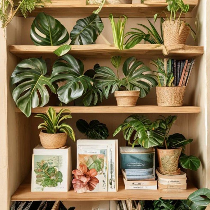 May include: A wooden bookshelf filled with various potted plants, including large-leafed Monstera and smaller succulents. The plants are in woven baskets and terracotta pots. Books and botanical prints are also displayed on the shelves, creating a natural, indoor garden aesthetic.
