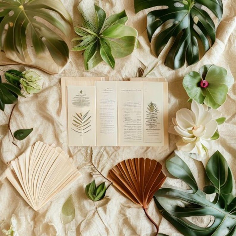 May include: An overhead shot of botanical elements arranged on a beige fabric. Green tropical leaves, white flowers, and a brown fan are scattered around open pages with botanical illustrations. The composition has a natural, organic aesthetic.