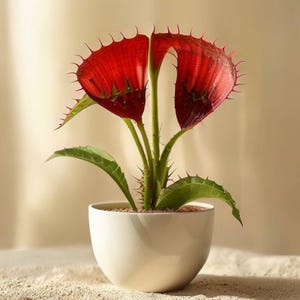 以下が含まれることがあります： 白い陶器の鉢に入ったハエトリグサ。植物は、とげのある縁を持つ鮮やかな赤色の開いた罠、緑の葉、緑色の茎が特徴です。鉢は砂の表面に置かれています。