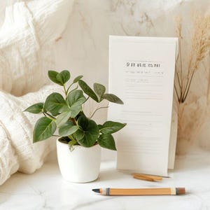 May include: A small potted plant with green leaves sits next to a notepad and a pencil. The notepad has text at the top. The pencil is tan with a dark brown tip. The plant is in a white pot.