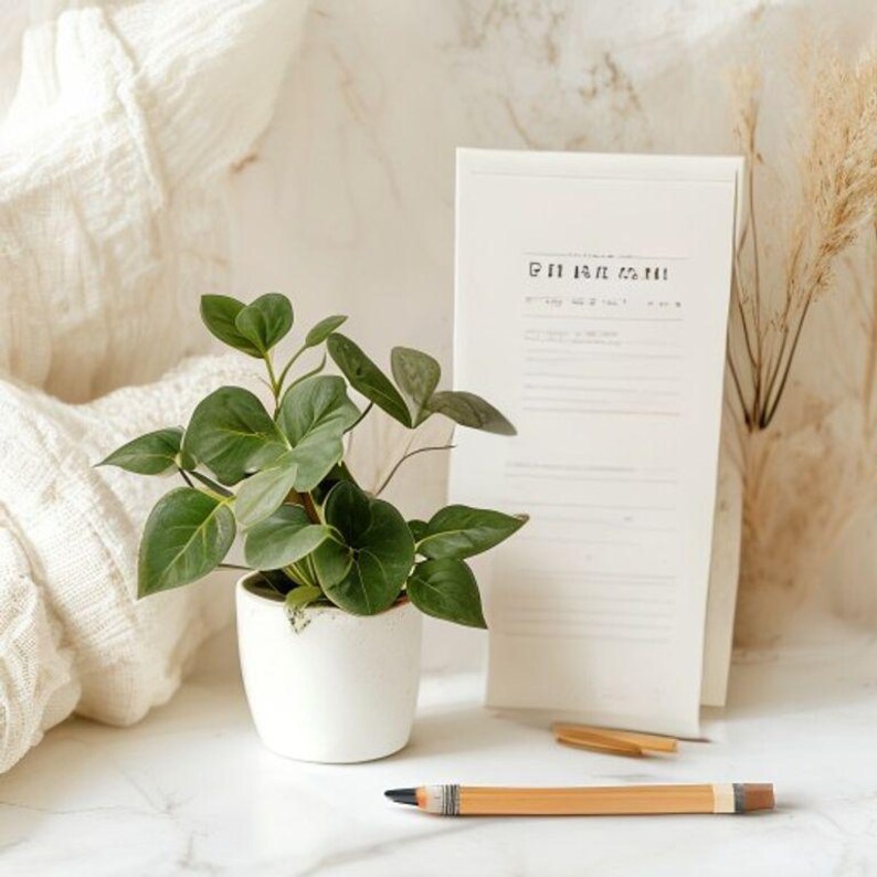 May include: A small potted plant with green leaves sits next to a notepad and a pencil. The notepad has text at the top. The pencil is tan with a dark brown tip. The plant is in a white pot.