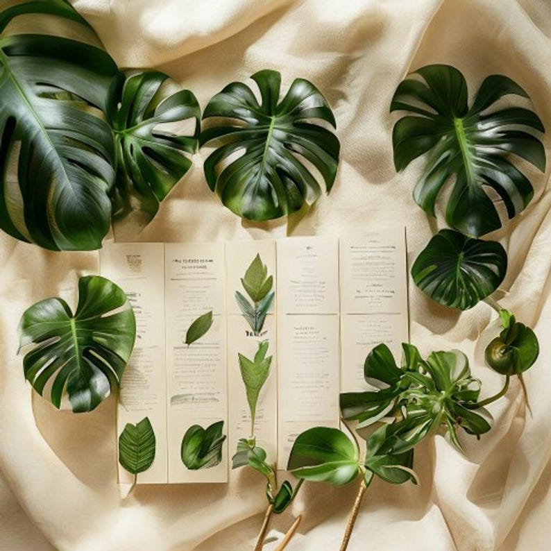 Puede incluir: Una vista a&eacute;rea muestra varias hojas grandes y brillantes de Monstera, dispuestas alrededor de una serie de ilustraciones bot&aacute;nicas sobre papel crema. Las hojas, con sus distintivas hendiduras, crean un ambiente natural y bot&aacute;nico.