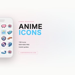 May include: A digital illustration of a smartphone displaying a collection of colorful anime-themed icons. The image includes the text "ANIME ICONS" and details about the icon set, including the number of icons and the file size.