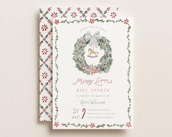 May include: A white baby shower invitation card featuring a green wreath with a grey bow and a rocking horse illustration. The text reads Merry Little Baby Shower to honor the mom-to-be Katie Williams on 21 Dec at 123 Christmas Candy Lane.