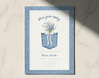 Blue Jean Baby Shower Invitation Template, Editable Denim Baby Invite, Trendy Western Jean Theme, Gender Neutral, Digital Download