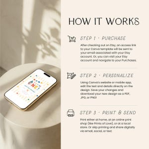K&ouml;nnte beinhalten: Ein Smartphone zeigt ein Geburtstags-Einladungsdesign mit dem Text "ONE!" und "CAN'S FIRST BIRTHDAY." Das Bild zeigt auch Anweisungen zum Kauf, zur Personalisierung und zum Drucken des Designs. Das Telefon befindet sich auf einer wei&szlig;en Oberfl&auml;che.