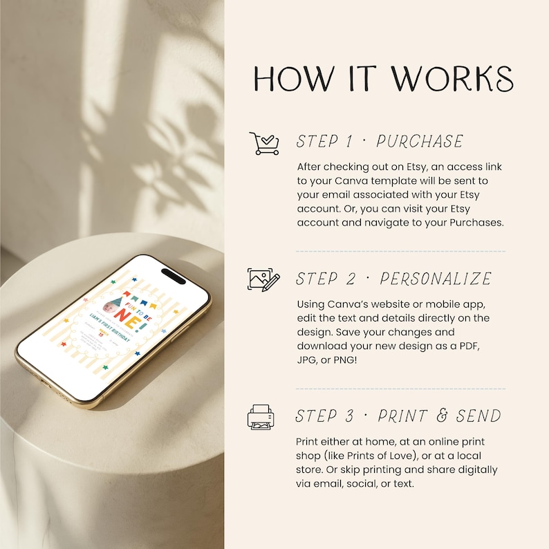 K&ouml;nnte beinhalten: Ein Smartphone zeigt ein Geburtstags-Einladungsdesign mit dem Text "ONE!" und "CAN'S FIRST BIRTHDAY." Das Bild zeigt auch Anweisungen zum Kauf, zur Personalisierung und zum Drucken des Designs. Das Telefon befindet sich auf einer wei&szlig;en Oberfl&auml;che.