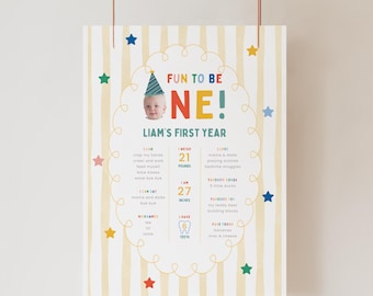 Fun To Be One 1st Birthday Milestone Poster Template, Whimsical Colorful First Birthday, Digital Download