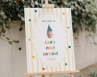 Fun To Be One 1st Birthday Welcome Sign Template, Whimsical Colorful First Birthday Poster, Yellow Stripes Stars, Digital Download