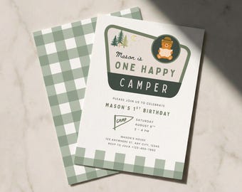 One Happy Camper 1st Birthday Einladungsvorlage, Camp National Park Erster Geburtstag einladen, grüner Vichy-Karo, digitaler Download