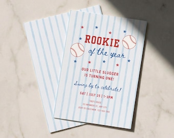 Rookie of the Year 1. Geburtstagseinladungsvorlage, Rookie Baseball erster Geburtstag einladen, blaue Streifen, digitaler Download