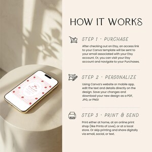 May include: A smartphone displays a pink and white design with strawberries and the text "fury first". The image also includes the text "HOW IT WORKS" and instructions for purchasing, personalizing, and printing a design.