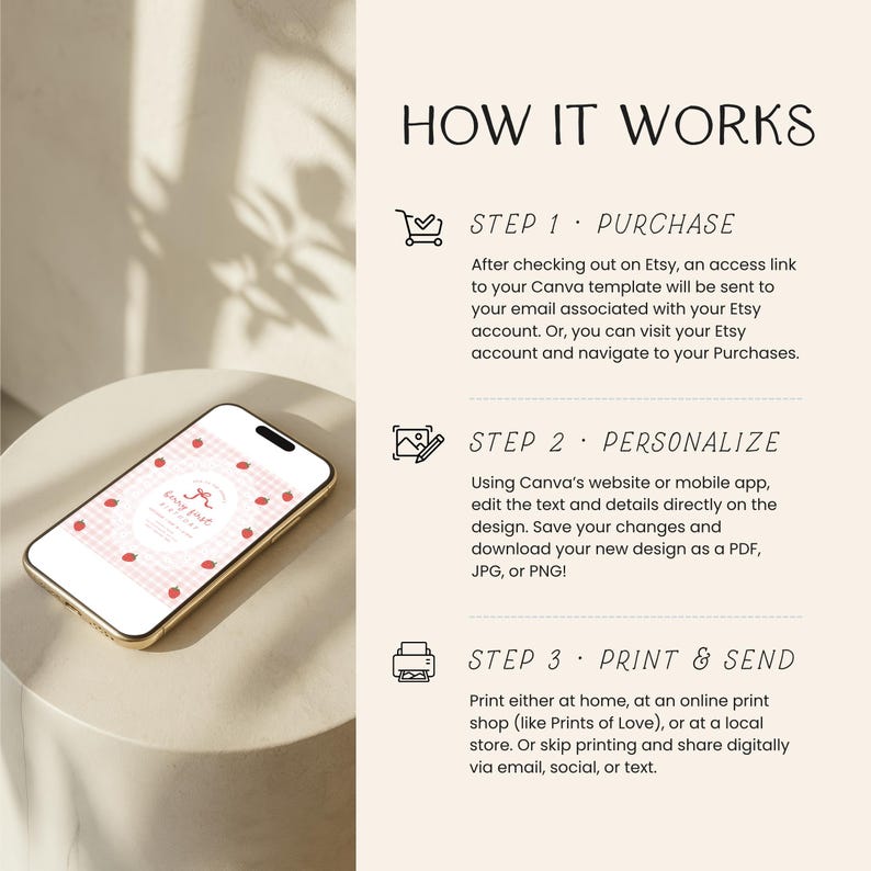 May include: A smartphone displays a pink and white design with strawberries and the text "fury first". The image also includes the text "HOW IT WORKS" and instructions for purchasing, personalizing, and printing a design.