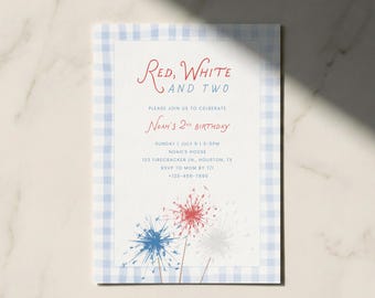 May include: A birthday invitation with a blue gingham border. The text "Red, White and Two" is at the top, with "Noah's 2nd Birthday" below. The invitation includes event details and a phone number. Fireworks illustrations are at the bottom.
