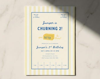 Butter Geburtstagseinladung Vorlage, Gender Neutral, wunderliche Gelbe Streifen Churning Geburtstag einladen, digitaler Download