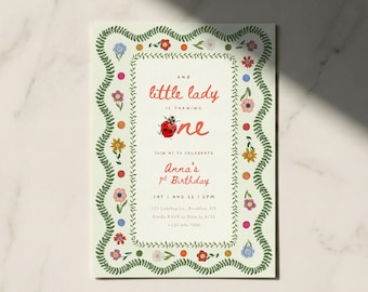 Lady Bug 1st Birthday Invitation Template, Editable Whimsical Ladybug Floral Garden Green First Birthday Invite, Digital Download