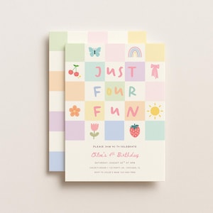 May include: A rectangular birthday invitation card featuring a pastel checkered grid pattern. The text reads JUST FOUR FUN, followed by details for Chloe's 4th Birthday on Saturday, August 20th at 4PM. Icons include a butterfly, rainbow, cherries, bow, flower, sun, tulip, and strawberry.