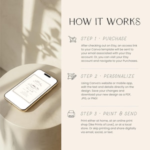May include: A smartphone with a gold frame displays a design with the text "little bee" and a coffee cup graphic. The image also shows the steps to purchase, personalize, and print a design.
