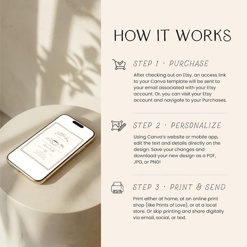 May include: A smartphone with a gold frame displays a design with the text "little bee" and a coffee cup graphic. The image also shows the steps to purchase, personalize, and print a design.