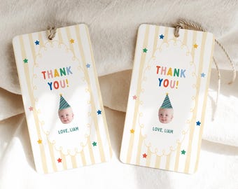 Fun To Be One Birthday Favor Tag Template, Whimsical Colorful First Birthday Invite, Yellow Stripes, Gift Tag, Digital Download