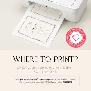 May include: White paper sheets with a brown border and text are being printed from a white printer. The text on the paper reads "a little bean is brewing" with a coffee cup illustration. The image also includes a pink and white logo that says "PRINTS OF LOVE".