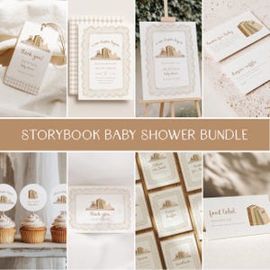 May include: A storybook baby shower stationery bundle featuring a beige and white color palette with illustrations of books and a teddy bear. The set includes invitations, thank you tags, cupcake toppers, and signs with text like a new chapter begins.