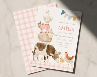 Farm Birthday Invitation Template, 1st 2nd 3rd 4th, Any Age Birthday, Editable Pink Barnyard Invite, Digital Download
