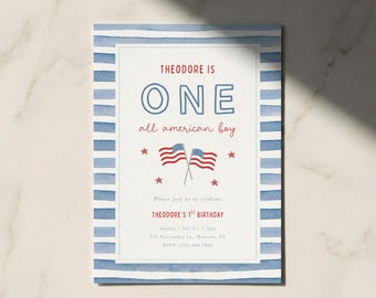 One All American Boy 1st Birthday Invitation Template, Editable 4th of July First Birthday Invite, Independence Day Summer Patriotic USA