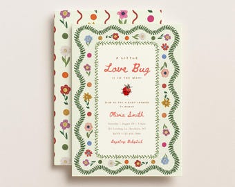 Love Bug Baby Shower Invitation Template, Editable A Little Lovebug Invite, Whimsical Green Floral Garden Theme