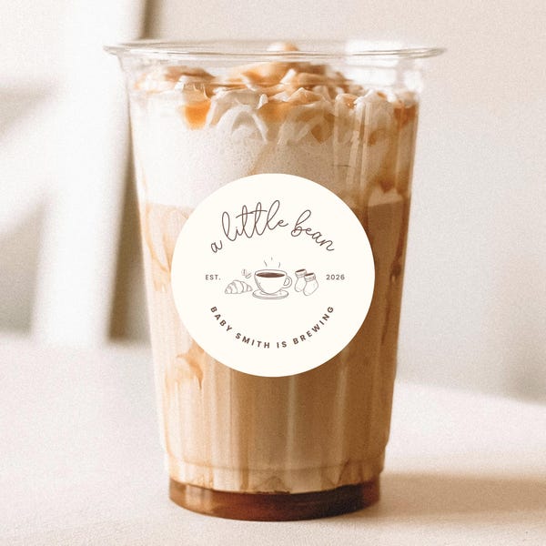 Coffee Baby Shower Sticker Circle Label Template, A Little Bean Is Brewing, Cafe Bebe, Digital Download