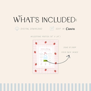May include: A milestone poster design with a pink gingham background and strawberry accents. The poster includes the text "Emma's Berry First Birthday" and is 18" x 24". The design also features the text "What's Included: Digital Download, Edit in Canva."