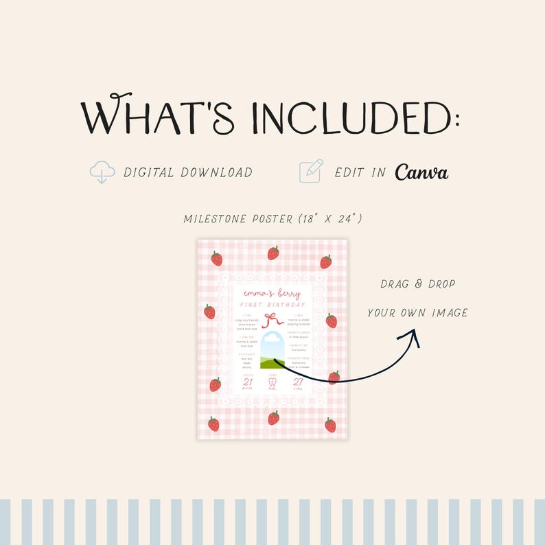 May include: A milestone poster design with a pink gingham background and strawberry accents. The poster includes the text "Emma's Berry First Birthday" and is 18" x 24". The design also features the text "What's Included: Digital Download, Edit in Canva."