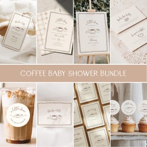 Può includere: Un set di cancelleria per baby shower a tema caffè, composto da cartoncini e insegne color crema con disegni a linee marrone scuro di una tazza di caffè, un cornetto e scarpine da neonato. Il testo include "a little bean is brewing".