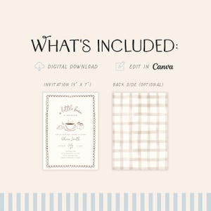May include: A baby shower invitation design with the text "What's Included". The invitation is 5" x 7" and features a coffee cup, croissant, and text that reads "a little bean is brewing". The back side is optional.