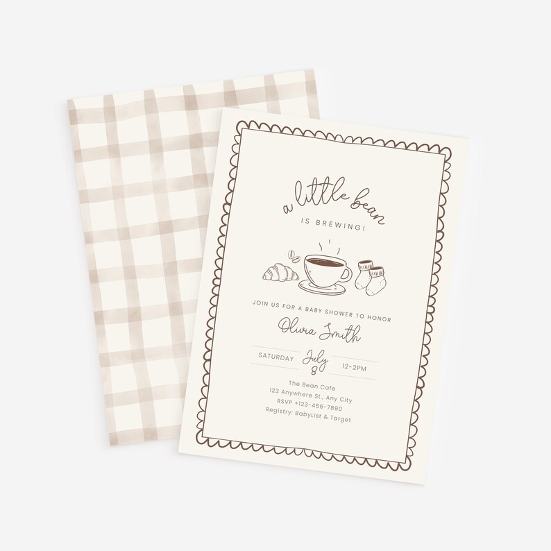 May include: A baby shower invitation with a cream background and a scalloped border. The text "a little bean is brewing!" is at the top, with illustrations of a croissant, coffee cup, and baby socks. The invitation includes the name Olivia Smith, date, time, and location.