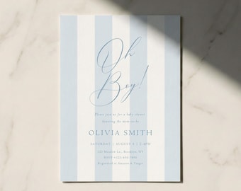 Oh Boy Baby Shower Invitation Template, Classic Vintage Blue Stripes Minimalist Invite, Editable Canva, Digital Download