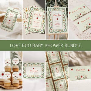 Könnte beinhalten: Ein Babyparty-Papeterie-Set mit hellgrünem Hintergrund, gewelltem Blumenrand und Marienkäfer-Illustrationen. Das Set enthält Einladungen, Dankeskarten, Cupcake-Topper und verschiedene Hinweisschilder mit dem Text Love Bug.