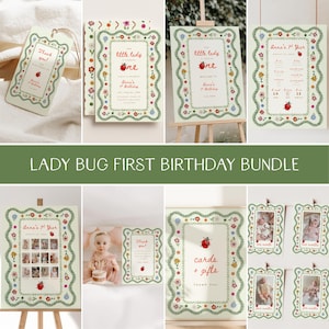 Paquete de primer cumpleaños "Una pequeña mariquita", conjunto de invitaciones de primer cumpleaños con temática de mariquitas, decoración para fiestas de mariquitas, letreros y pancartas, descarga digital.