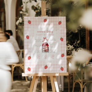 May include: A pink and white gingham-patterned sign on a wooden easel. The sign reads "emma's berry FIRST BIRTHDAY" with strawberry illustrations. A photo of a baby is in the center. The sign includes facts about the baby.