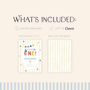 K&ouml;nnte beinhalten: Eine digitale Geburtstagseinladung mit dem Text "FUN TO BE ONE!" und "LIAM'S FIRST BIRTHAY". Die Einladung ist 12,7 cm x 17,8 cm gro&szlig; und hat einen gestreiften Hintergrund mit bunten Sternen und einem Babyfoto.