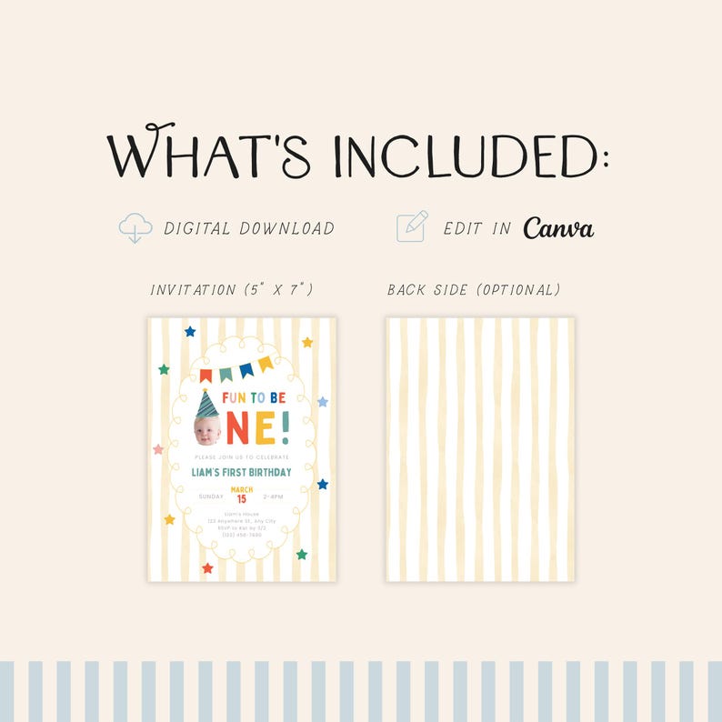 K&ouml;nnte beinhalten: Eine digitale Geburtstagseinladung mit dem Text "FUN TO BE ONE!" und "LIAM'S FIRST BIRTHAY". Die Einladung ist 12,7 cm x 17,8 cm gro&szlig; und hat einen gestreiften Hintergrund mit bunten Sternen und einem Babyfoto.