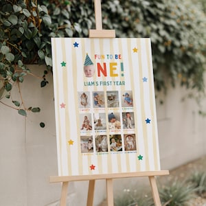 May include: A personalized first birthday sign on an easel. The sign has a striped background with colorful stars and the text "FUN TO BE ONE! LIAM'S FIRST YEAR." It includes photos from each month of the baby's first year.