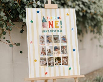 Fun To Be One 1st Birthday Photo Milestone Poster Template, Whimsical Colorful First Birthday, Digital Download
