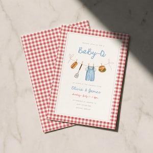 May include: Baby-Q baby shower invitation with a red and white gingham pattern. The invitation features a watercolor illustration of barbecue-themed items and the text "Baby-Q". The invitation includes the parents' names, date, time, and location.