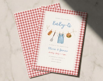 Baby-Q Baby Shower Invitation Template, Baby Q, Editable Summer Picnic Barbecue BBQ Invite, Red Gingham, Digital Download