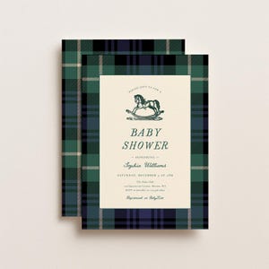 May include: A rectangular baby shower invitation card featuring a dark green, navy blue, and white plaid border. The center is cream-colored with a black rocking horse illustration, the text BABY SHOWER, and event details for Sophie Williams.